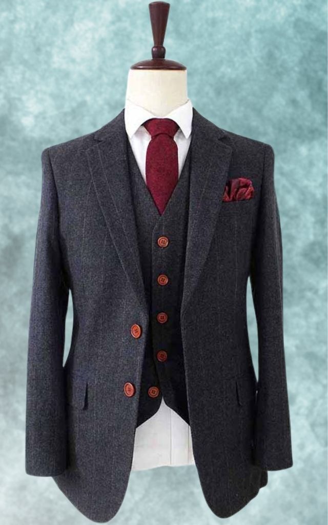 Black Herringbone Tweed Three-Piece Suit