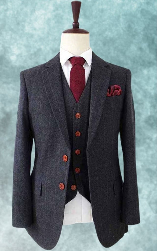 Black Herringbone Tweed Three-Piece Suit