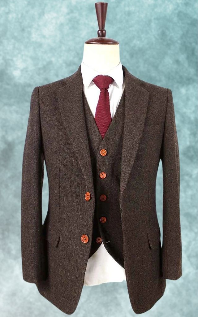 Dark Brown Herringbone Tweed Three-Piece Suit
