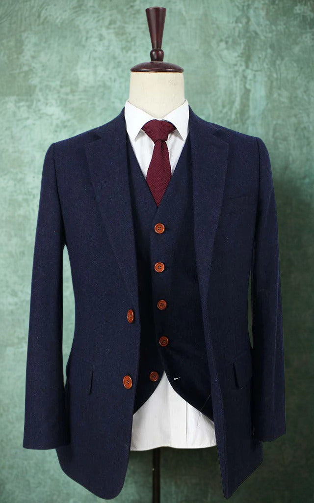 Navy Barleycorn Tweed Three-Piece Suit