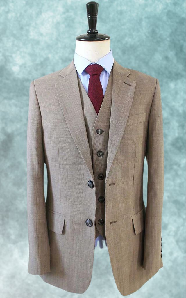 Light Brown Prince of Wales Worsted Three Piece Suit