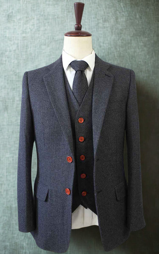 Charcoal Herringbone Tweed Three-Piece Suit