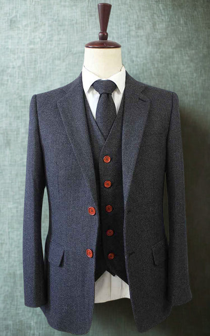 Charcoal Herringbone Tweed Three-Piece Suit